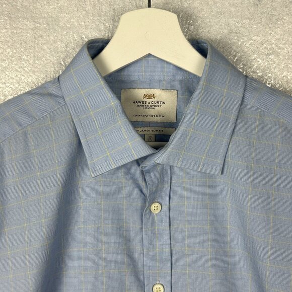 Hawes & Curtis Dress Shirt Mens 17 St. James Slim Fit‎ Blue Plaid Luxury Cotton - Picture 3 of 14